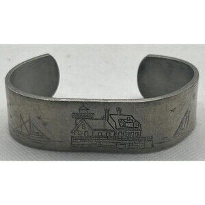 Salisbury Pewter Light houses of Maine Signed Embossed Cuff Bracelet 7" Coastal